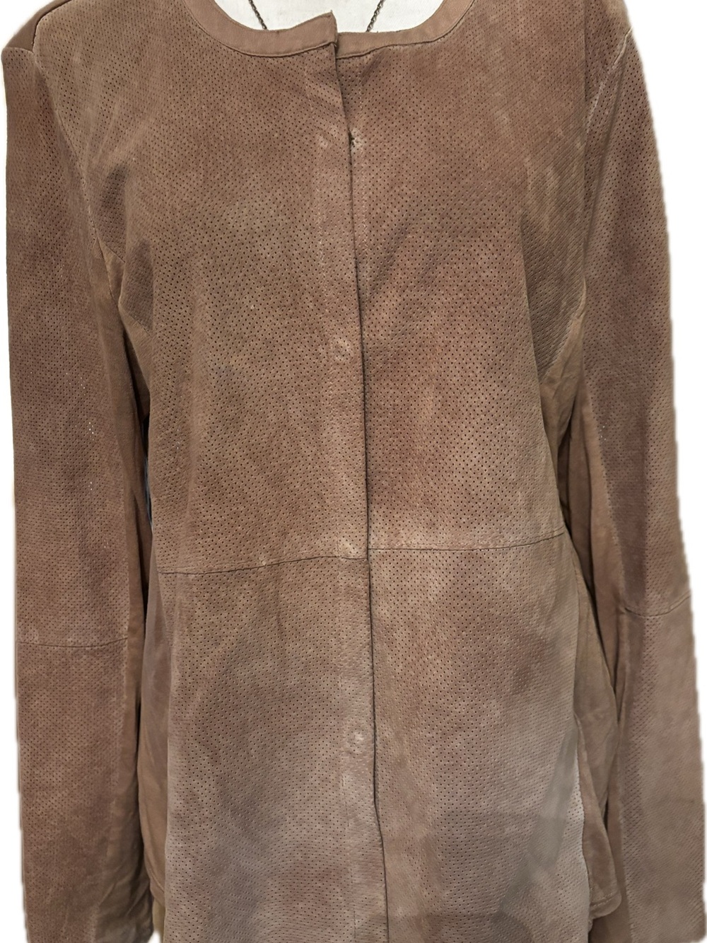 Ecru Taupe Perforated Suede mixed media top lightweight jacket, Size Large